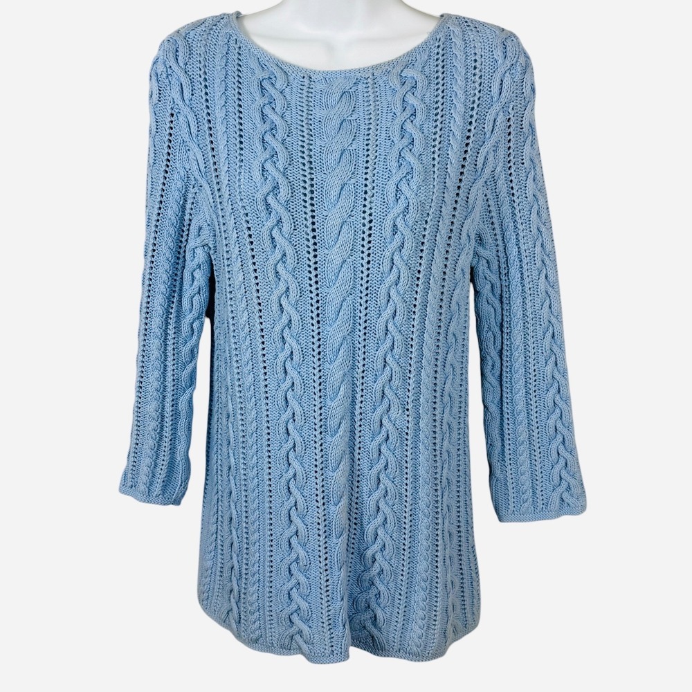 Lauren Ralph Lauren Blue Cable Knit Cotton Sweater 3/4 Sleeve Womens Medium